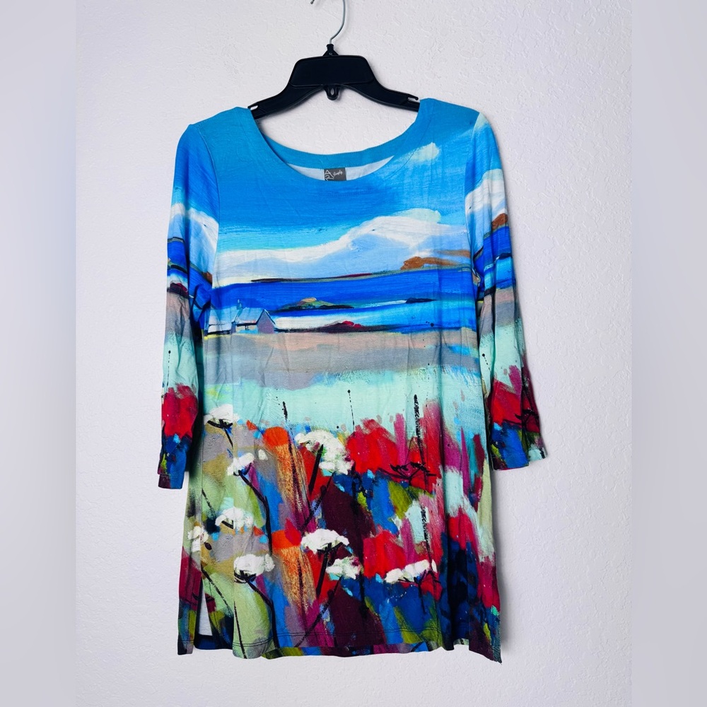 Dolcezza Womens Top Colorful Seaside Beach Resort Art 3/4 Sleeve Tunic Medium